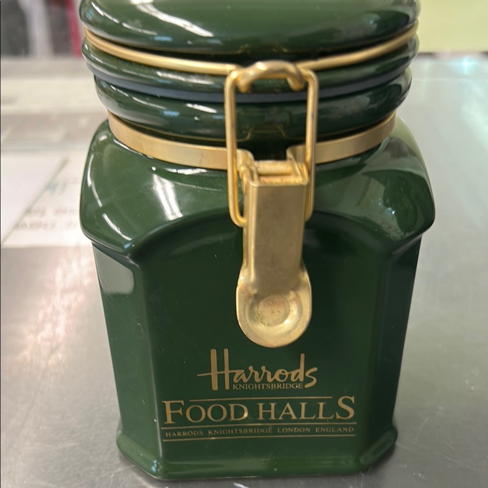 Harrods Dark Green Food Storage Canister with Gold Accents